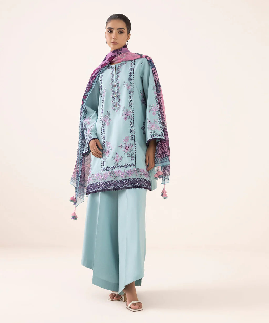 SAPPHIRE-3PC DHANAK EMBROIDERED SHIRT WITH COURTRAI PRINTED SHAWL AND TROUSER-BIC-4294