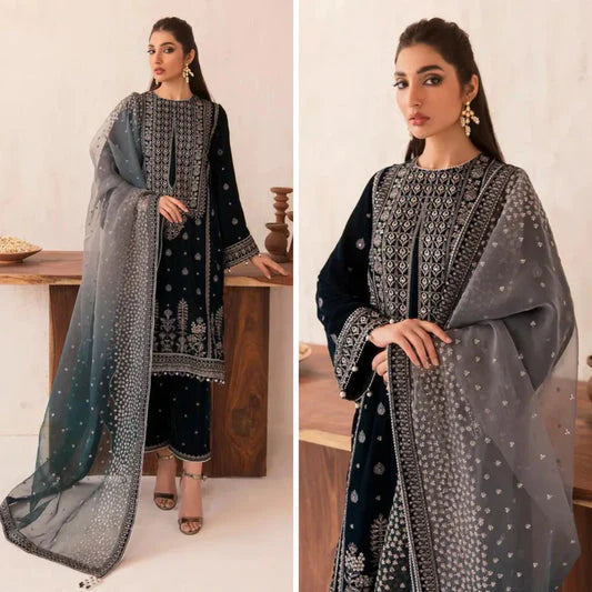 962 EMBROIDERED VELVET THREE PIECE DRESS WITH ORGANZA EMBROIDERED DUPATTA