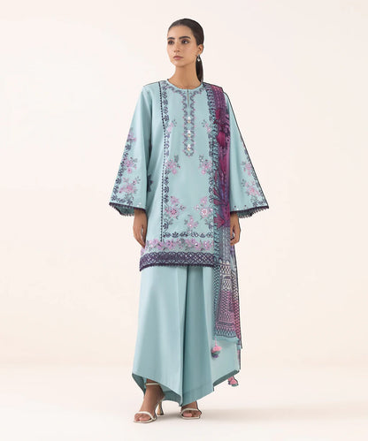 SAPPHIRE-3PC DHANAK EMBROIDERED SHIRT WITH COURTRAI PRINTED SHAWL AND TROUSER-BIC-4294
