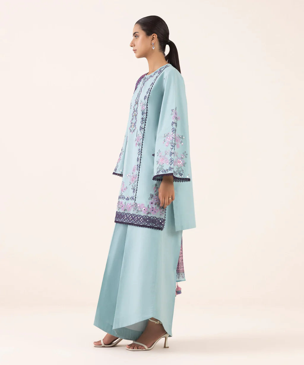 SAPPHIRE-3PC DHANAK EMBROIDERED SHIRT WITH COURTRAI PRINTED SHAWL AND TROUSER-BIC-4294