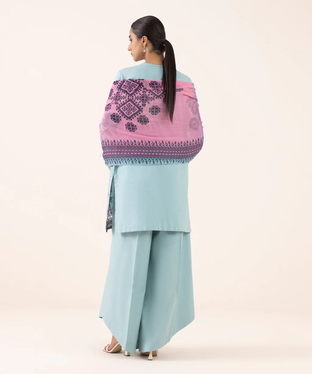 SAPPHIRE-3PC DHANAK EMBROIDERED SHIRT WITH COURTRAI PRINTED SHAWL AND TROUSER-BIC-4294