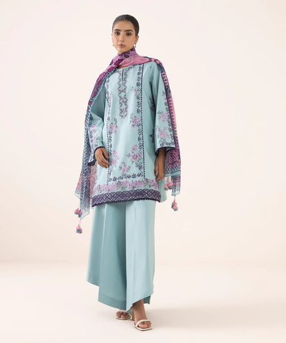 SAPPHIRE-3PC DHANAK EMBROIDERED SHIRT WITH COURTRAI PRINTED SHAWL AND TROUSER-BIC-4294