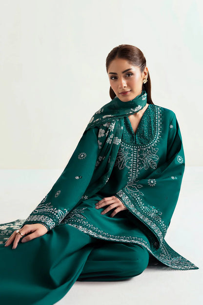 AFROZEH-3PC DHANAK EMBROIDERED SHIRT WITH COURTRAI PRINTED SHAWL AND TROUSER-BIC-4302