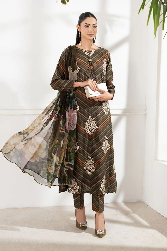 3PC DIGITAL PRINTED SILK SUIT WITH PATCHES - SR-674