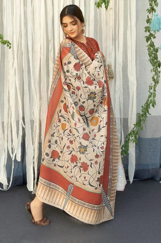 URGE-3PC DHANAK EMBROIDERED SHIRT WITH COURTRAI PRINTED SHAWL AND TROUSER-BIC-4136