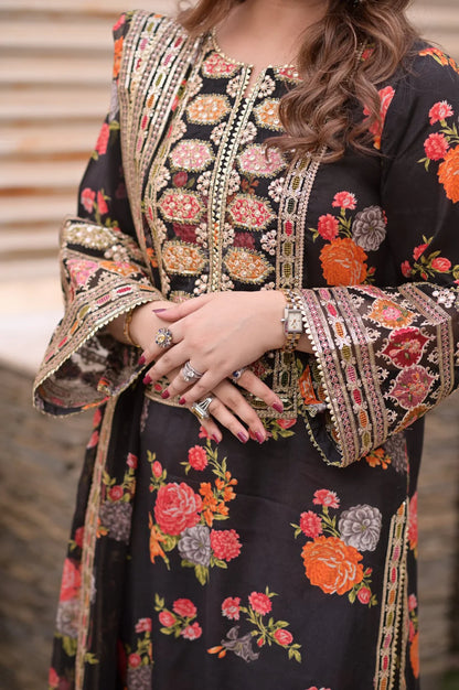 BAROQUE-3PC SHAMOZE SILK PRINTED EMBROIDERED SHIRT WITH SOFT SILK PRINTED EMB DUPATTA & PRINTED TROUSER BIC-1705