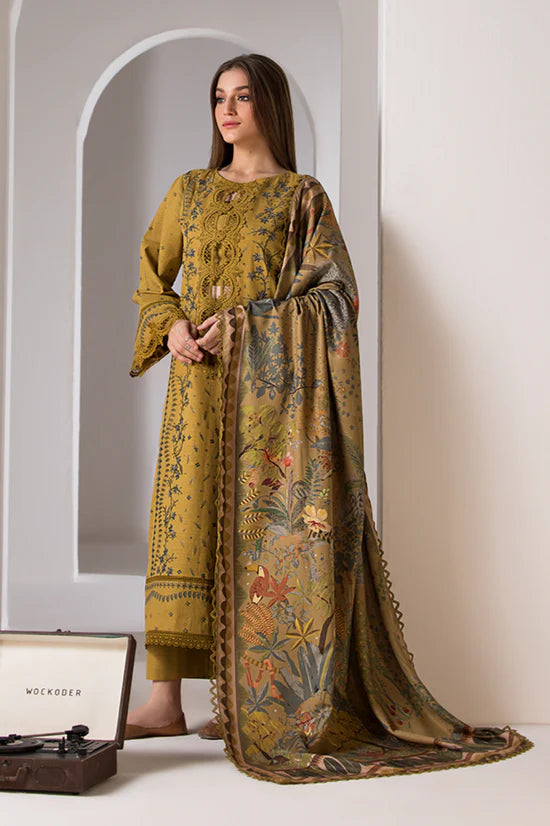 SOBIA NAZIR-3PC DHANAK EMBROIDERED SHIRT WITH WOOL PRINT SHAWL AND TROUSER-BIC-4008