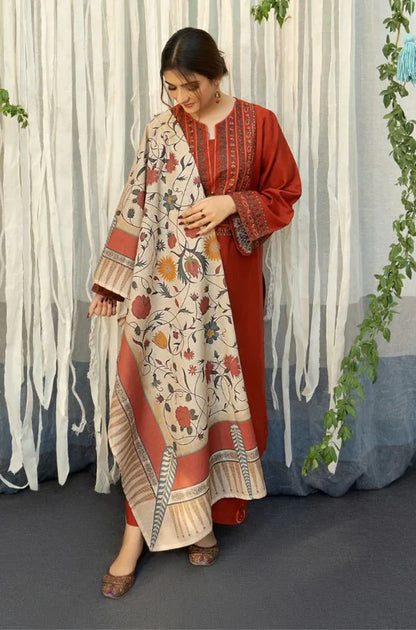 URGE-3PC DHANAK EMBROIDERED SHIRT WITH COURTRAI PRINTED SHAWL AND TROUSER-BIC-4136