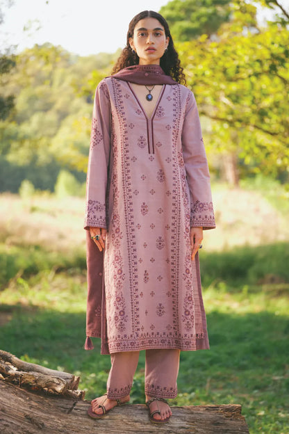 3PC DHANAK EMBROIDERED SHIRT WITH DHANAK EMBROIDERED SHAWL AND TROUSER-BIC-4038