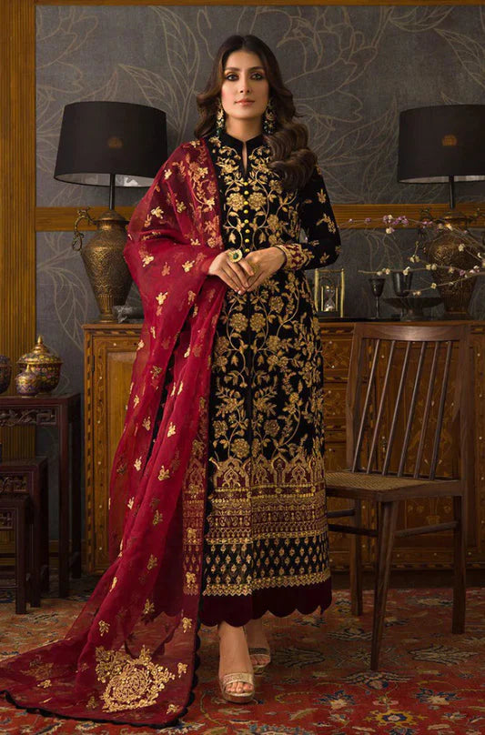 299 EMBROIDERED VELVET THREE PIECE DRESS WITH ORGANZA EMBROIDERED  DUPATTA