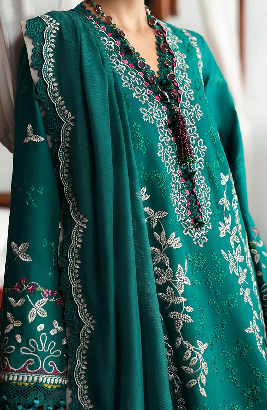 REPUBLIC WOMENSWEAR-3PC DHANAK EMBROIDERED SHIRT WITH DHANAK EMB SHAWL & DHANAK TOUSER-BIC-4251