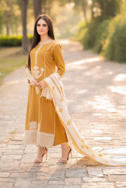 LIBAAS-3PC DHANAK EMBROIDERED SHIRT WITH DHANAK EMBROIDERED SHAWL AND TROUSER BIC-4281