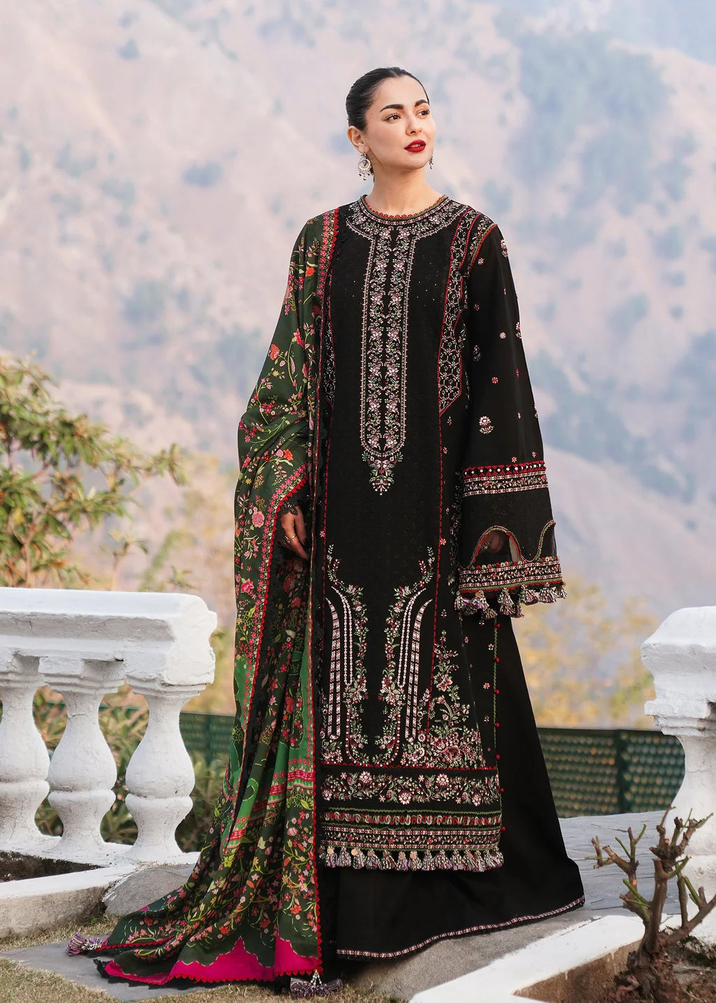 HUSSAIN REHAR-3PC KARANDI EMBROIDERED SHIRT WITH COURTRAI PRINTED SHAWL AND TROUSER-BIC-4261