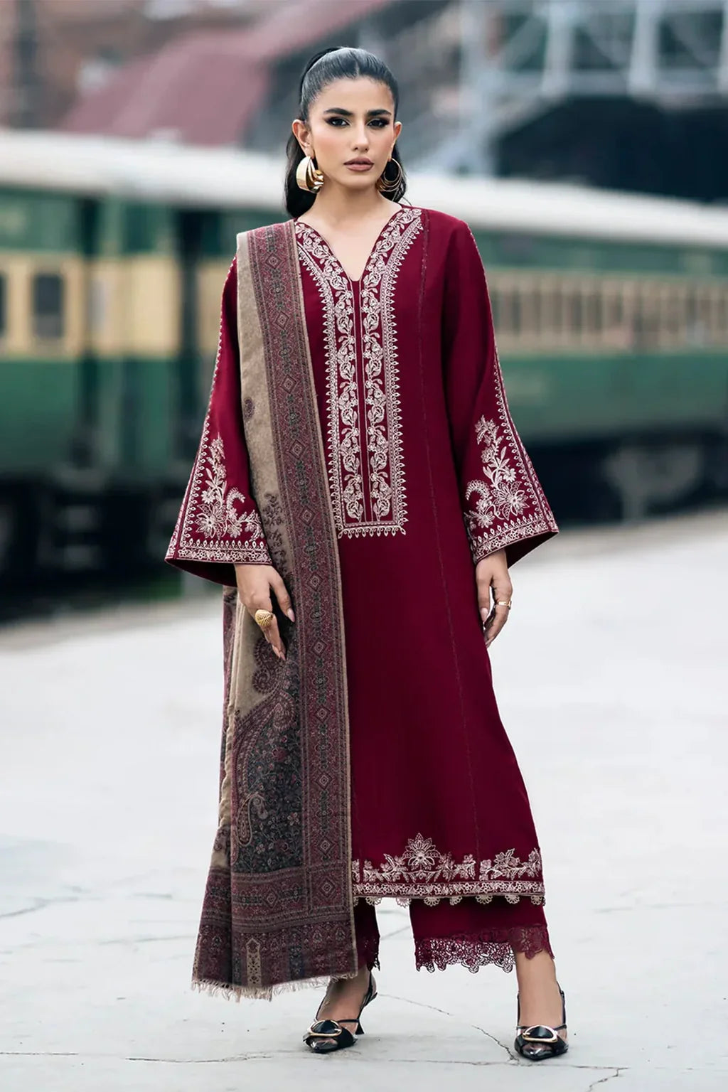 IZEL-3PC DHANAK EMBROIDERED SHIRT WITH COUTRAI PRINTED SHAWL AND TROUSER-BIC-4127