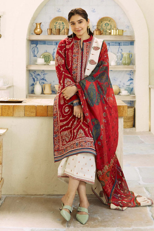 ZAHRA SHAHJAHAN- 3PC DHANAK EMBROIDERED SHIRT WITH COURTRAI PRINT SHAWL AND EMB TROUSER