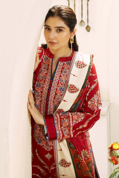 ZAHRA SHAHJAHAN- 3PC DHANAK EMBROIDERED SHIRT WITH COURTRAI PRINT SHAWL AND EMB TROUSER