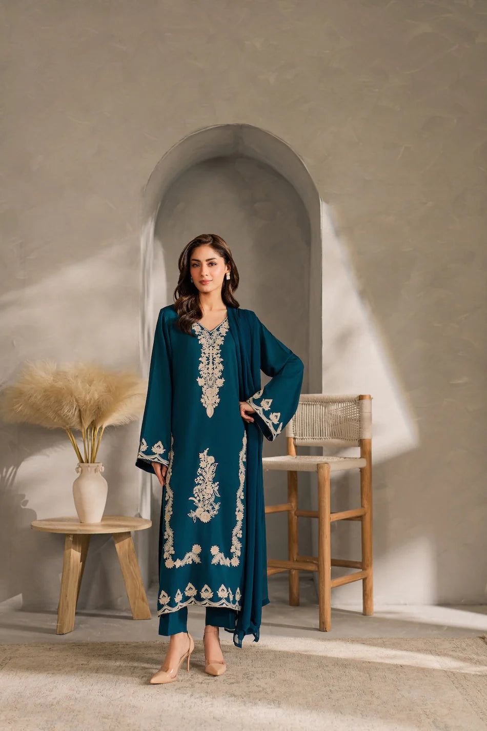 VINTAGE-3PC DHANAK EMBROIDERED SHIRT WITH BAMBER CHIFFON DUPATTA AND TROUSER-BIC-4245