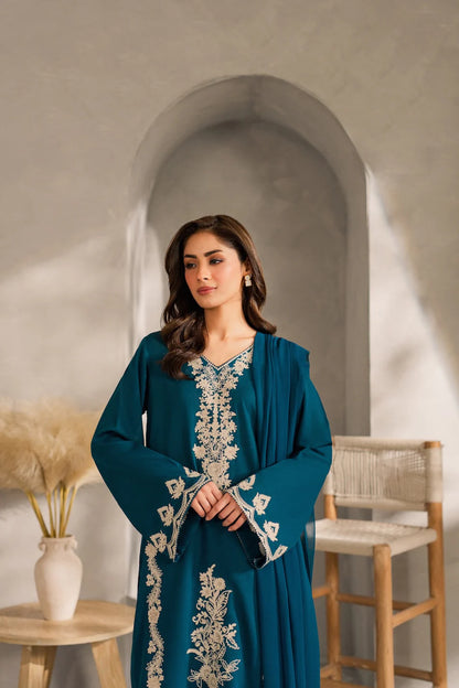 VINTAGE-3PC DHANAK EMBROIDERED SHIRT WITH BAMBER CHIFFON DUPATTA AND TROUSER-BIC-4245