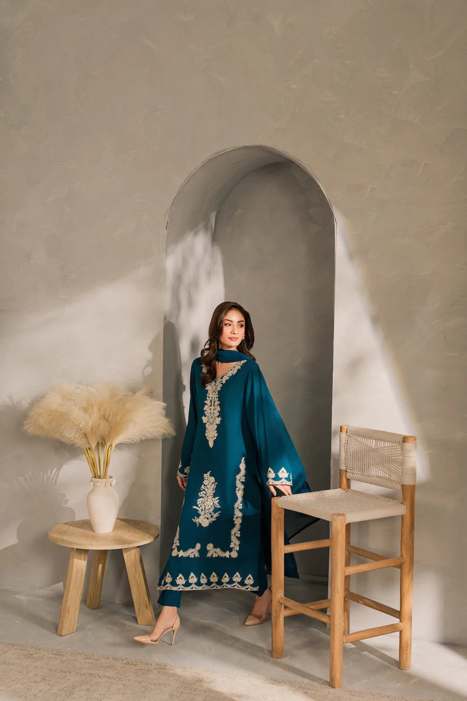 VINTAGE-3PC DHANAK EMBROIDERED SHIRT WITH BAMBER CHIFFON DUPATTA AND TROUSER-BIC-4245