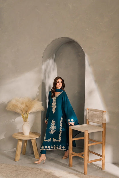 VINTAGE-3PC DHANAK EMBROIDERED SHIRT WITH BAMBER CHIFFON DUPATTA AND TROUSER-BIC-4245