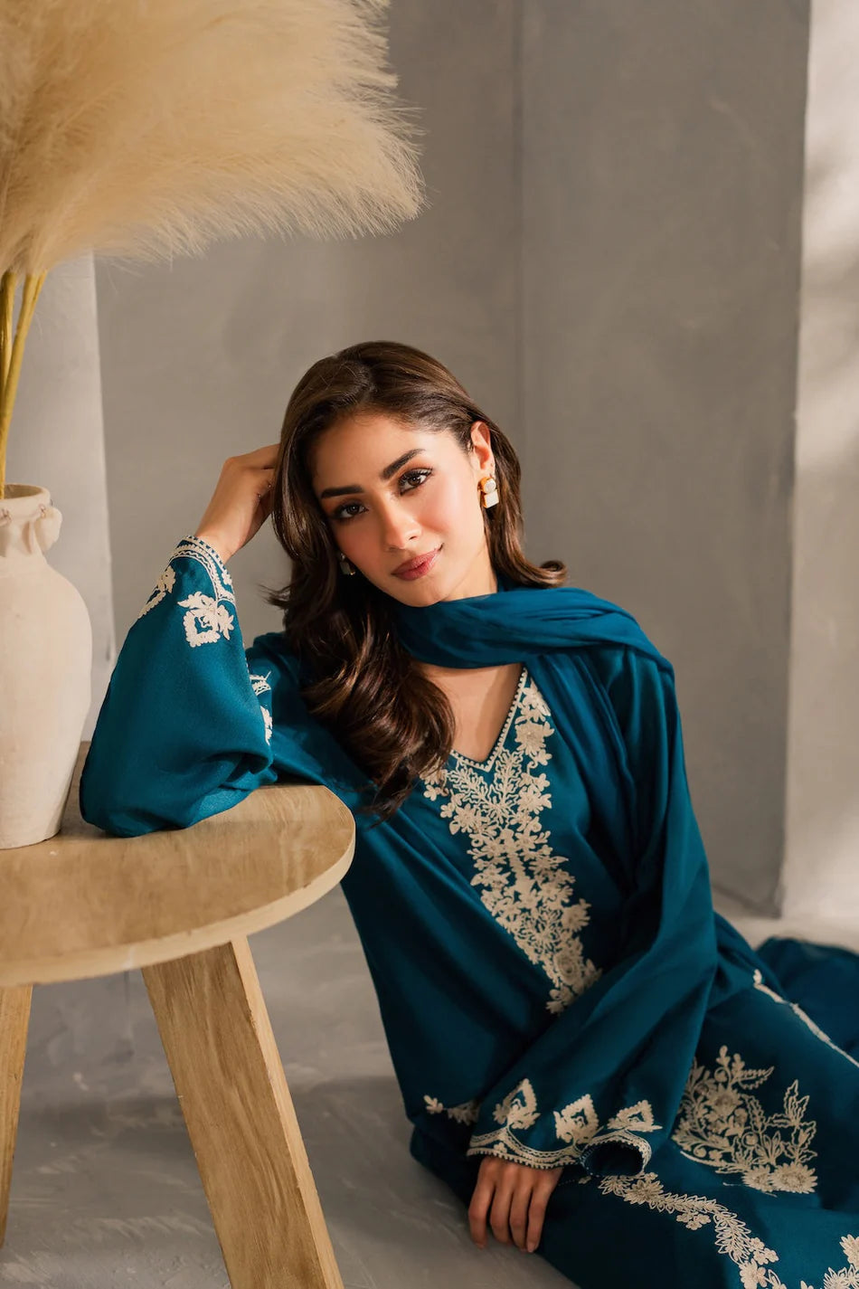 VINTAGE-3PC DHANAK EMBROIDERED SHIRT WITH BAMBER CHIFFON DUPATTA AND TROUSER-BIC-4245