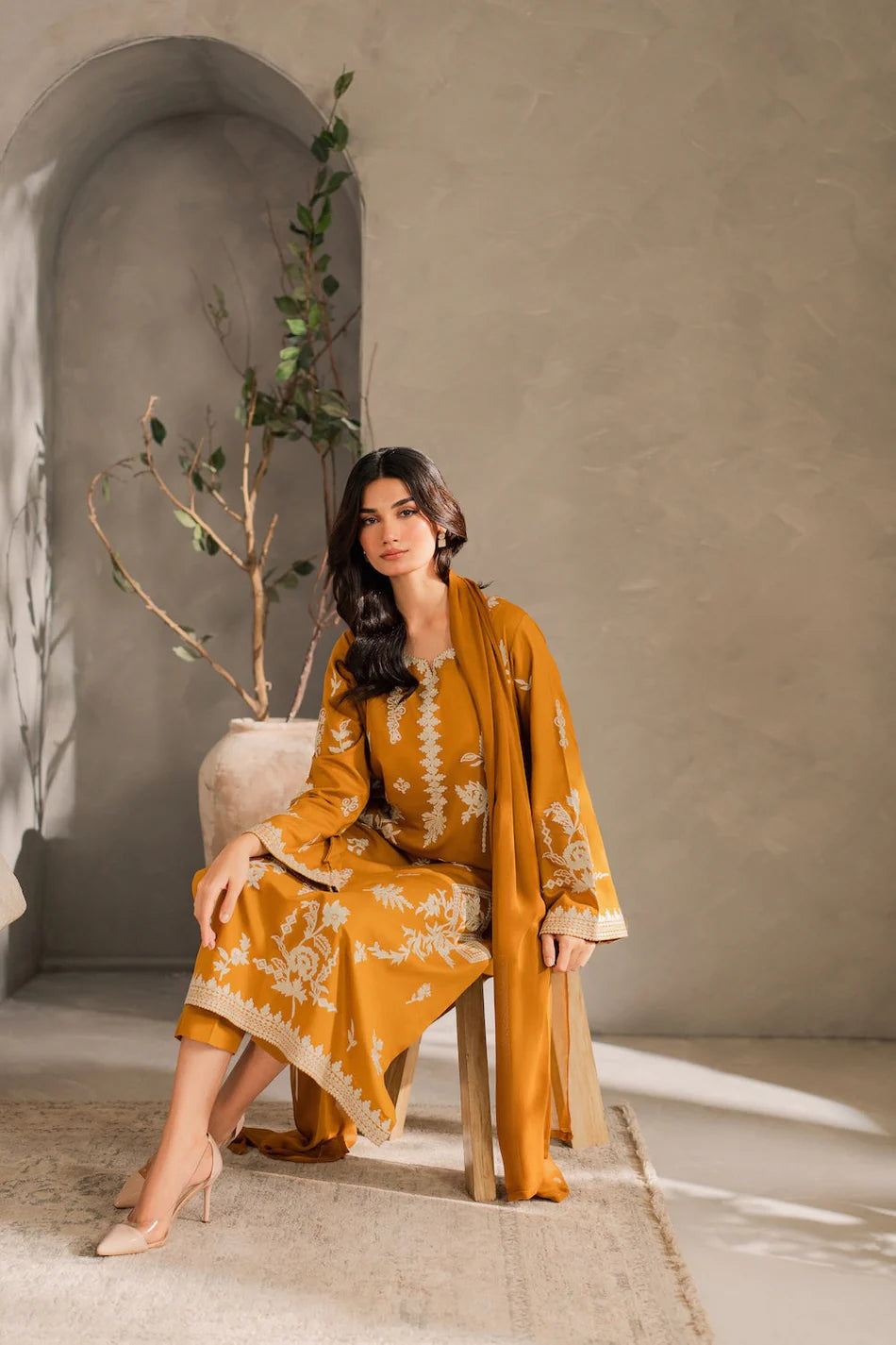 MIRANA-3PC DHANAK EMBROIDERED SHIRT WITH BAMBER CHIFFON DUPATTA AND TROUSER-BIC-4288