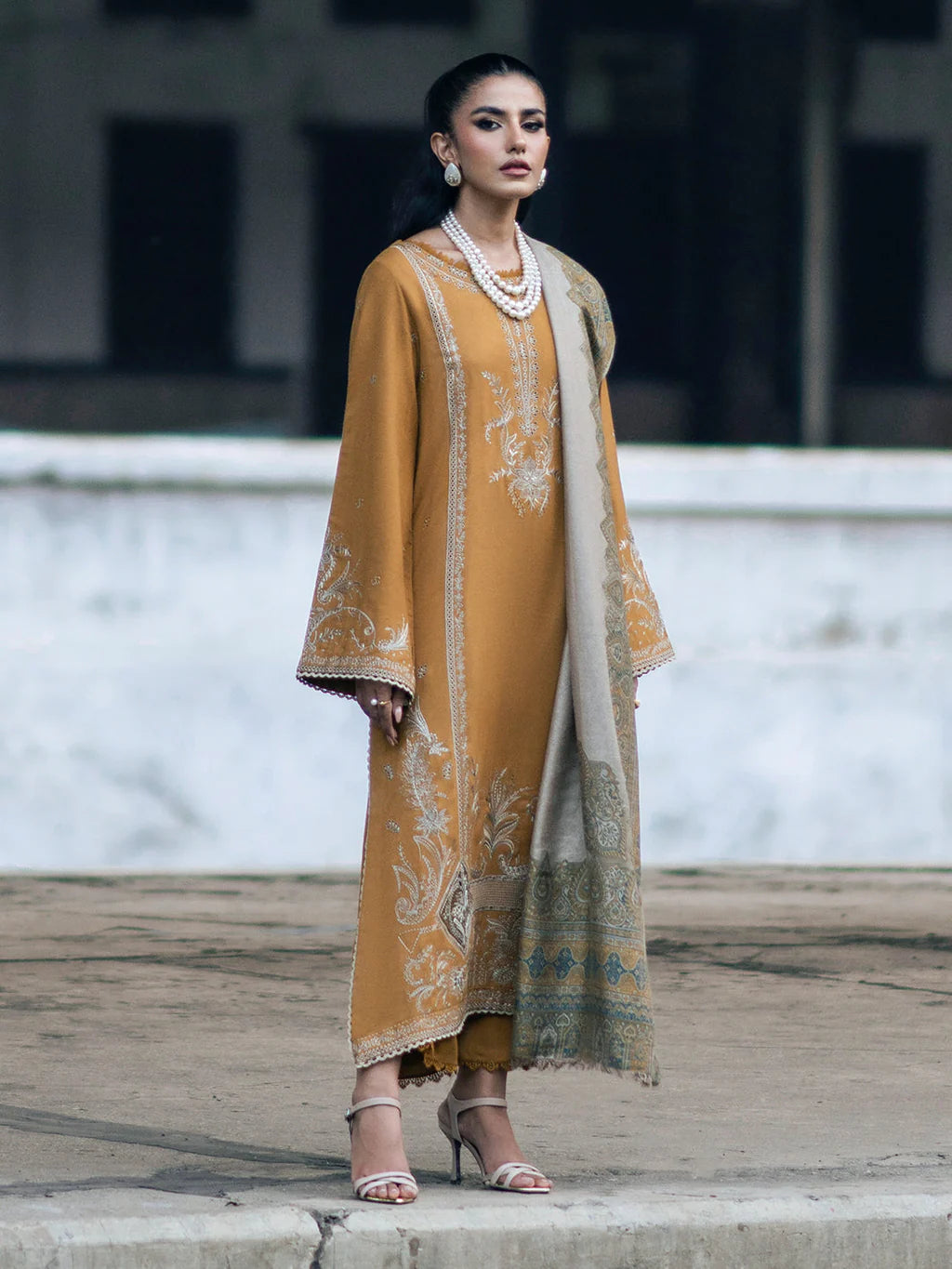 IZEL-3PC DHANAK EMBROIDERED SHIRT WITH COUTRAI PRINTED SHAWL & TROUSER-BIC-4129