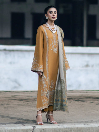 IZEL-3PC DHANAK EMBROIDERED SHIRT WITH COUTRAI PRINTED SHAWL & TROUSER-BIC-4129