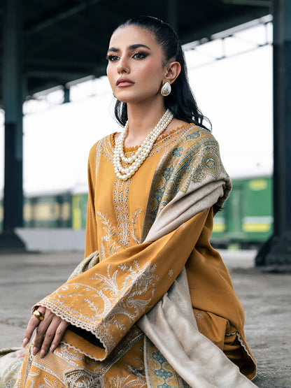 IZEL-3PC DHANAK EMBROIDERED SHIRT WITH COUTRAI PRINTED SHAWL & TROUSER-BIC-4129