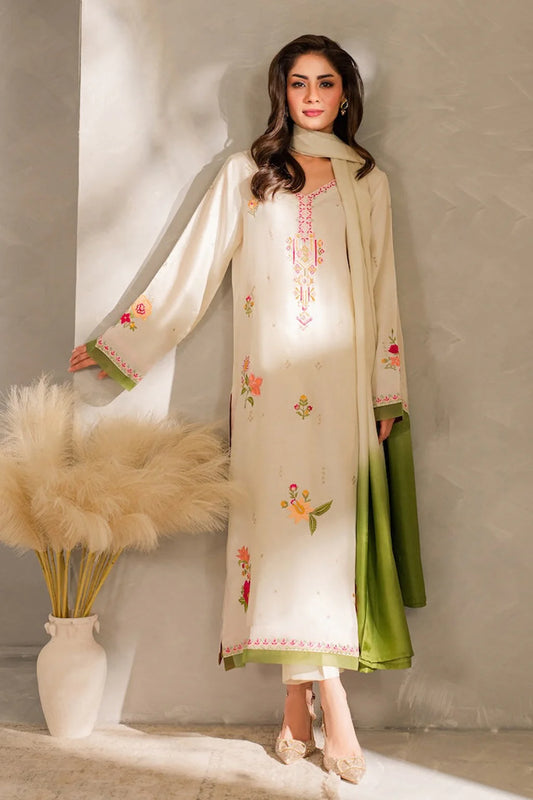 MIRANA-3PC DHANAK EMBROIDERED SHIRT WITH BAMBER CHIFFON DUPATTA AND TROUSER-BIC-4289