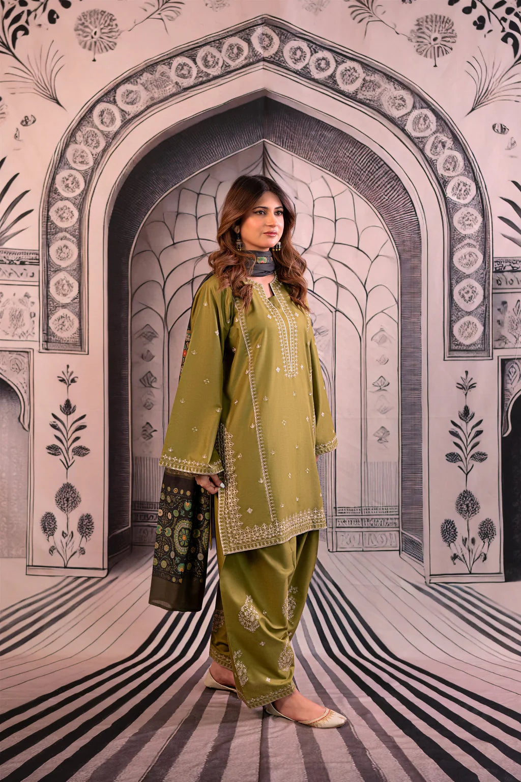 URGE-3PC DHANAK EMBROIDERED SHIRT WITH COUTRAI PRINTED SHAWL & EMB TROUSER-BIC-4126