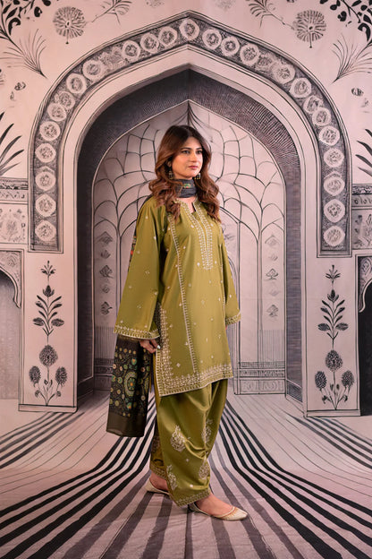 URGE-3PC DHANAK EMBROIDERED SHIRT WITH COUTRAI PRINTED SHAWL & EMB TROUSER-BIC-4126