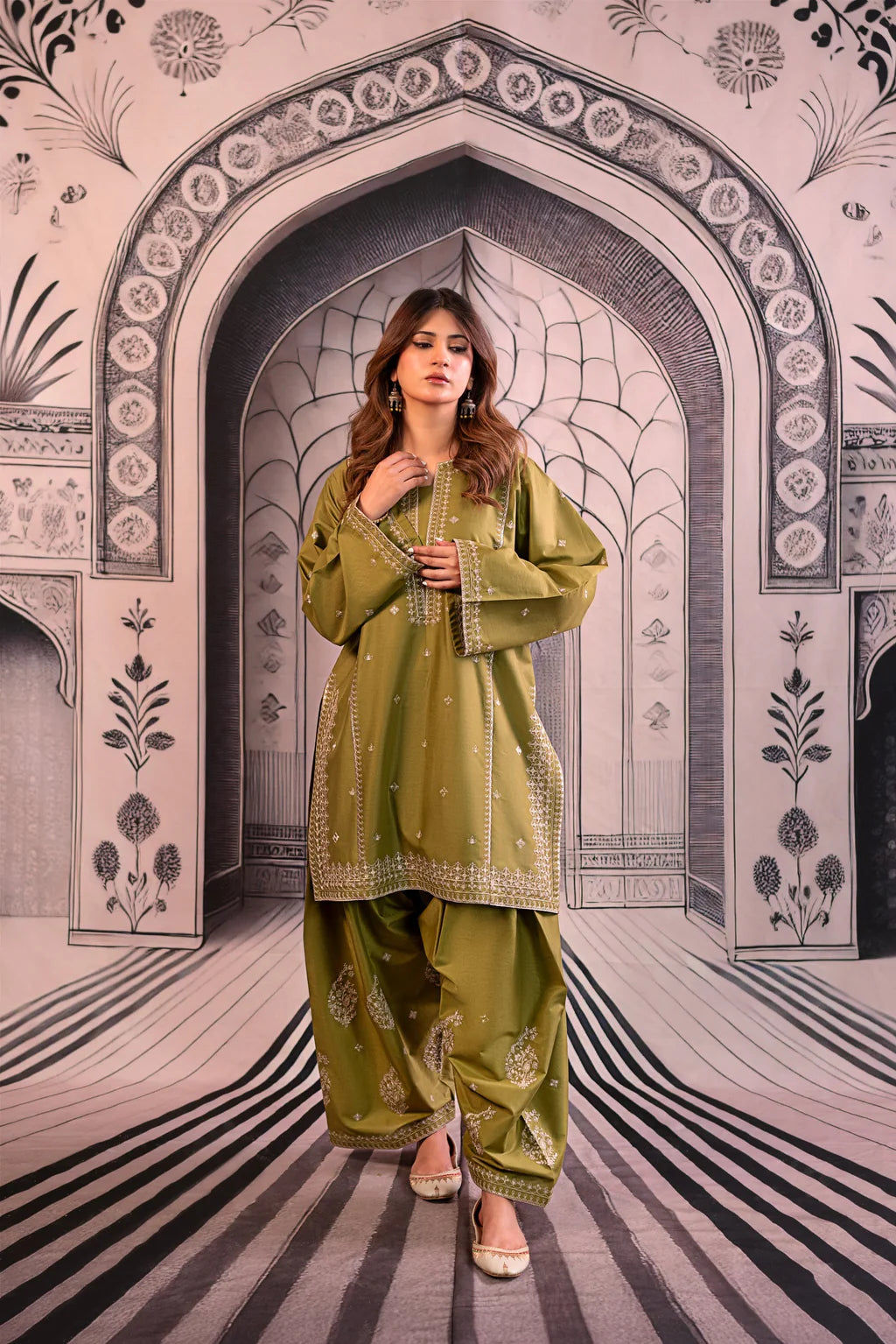 URGE-3PC DHANAK EMBROIDERED SHIRT WITH COUTRAI PRINTED SHAWL & EMB TROUSER-BIC-4126