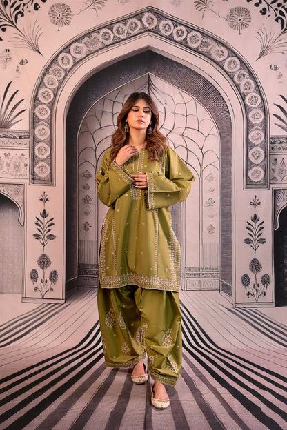 URGE-3PC DHANAK EMBROIDERED SHIRT WITH COUTRAI PRINTED SHAWL & EMB TROUSER-BIC-4126