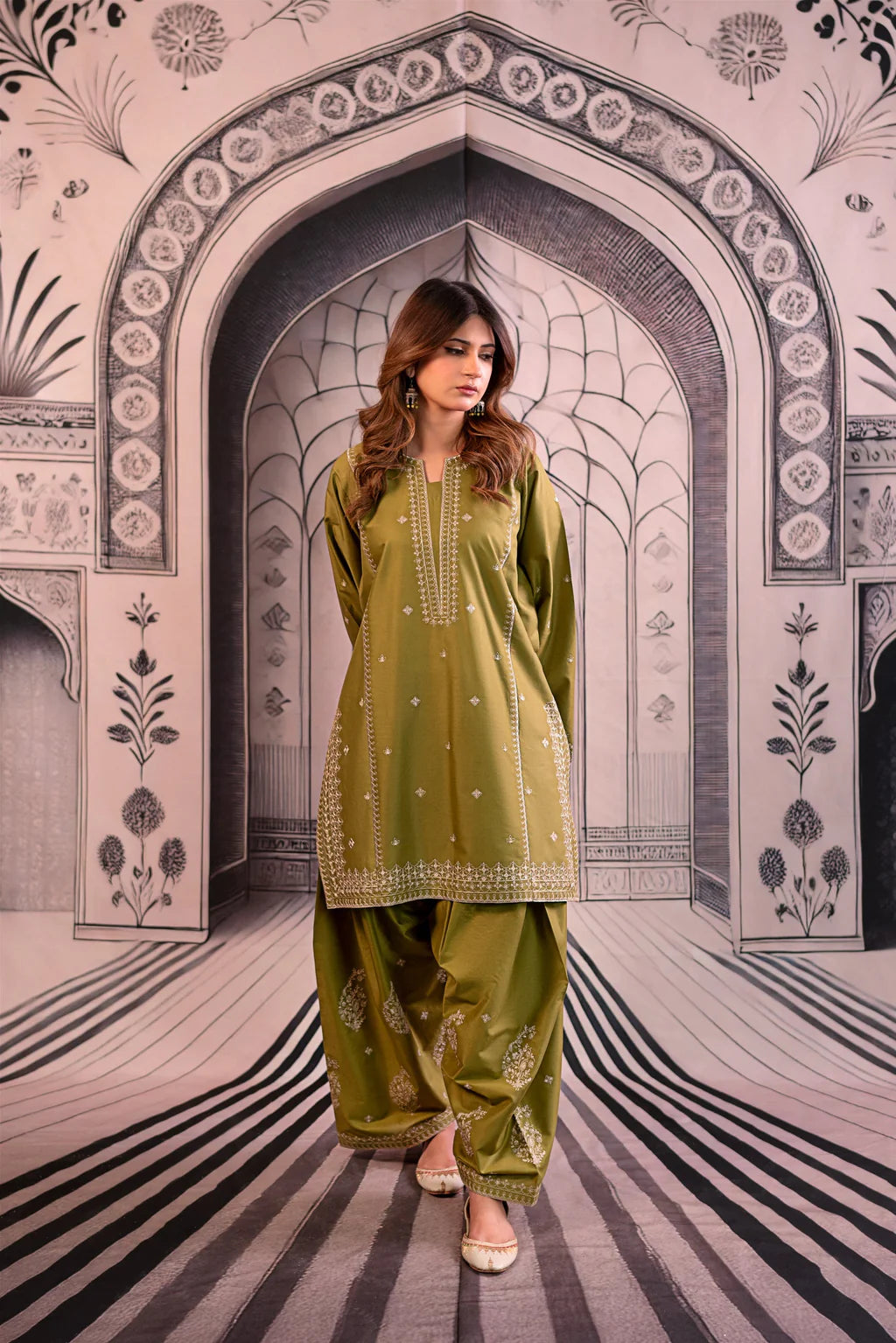 URGE-3PC DHANAK EMBROIDERED SHIRT WITH COUTRAI PRINTED SHAWL & EMB TROUSER-BIC-4126