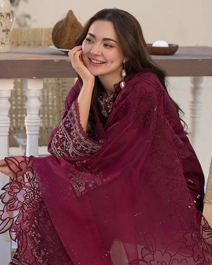 QALAMQAR-3PC DHANAK EMBROIDERED SHIRT WITH ORGANZA EMBROIDERED DUPATTA AND EMB TROUSER-BIC-4092