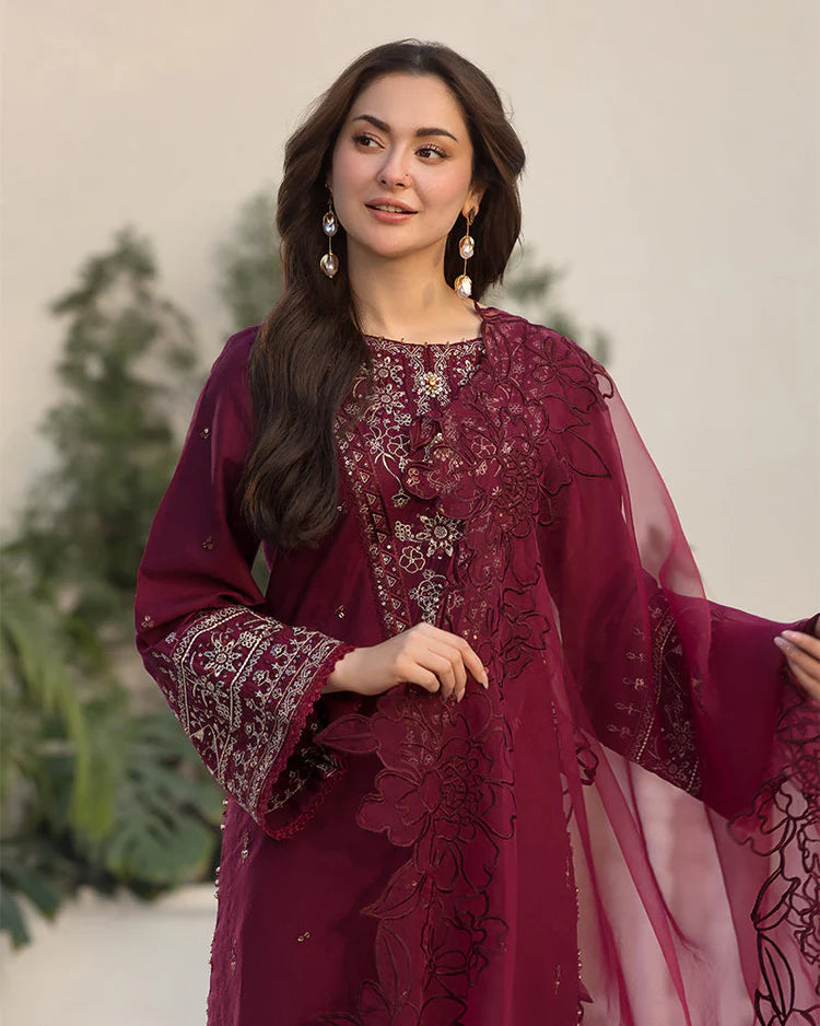 QALAMQAR-3PC DHANAK EMBROIDERED SHIRT WITH ORGANZA EMBROIDERED DUPATTA AND EMB TROUSER-BIC-4092