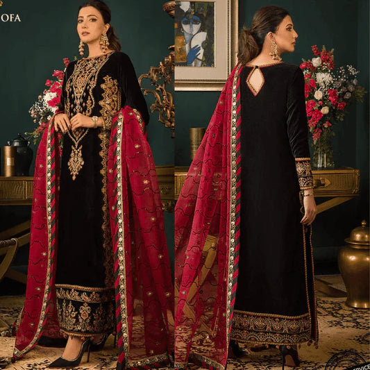 976 EMBROIDERED VELVET THREE PIECE DRESS WITH ORGANZA EMBROIDERED  DUPATTA
