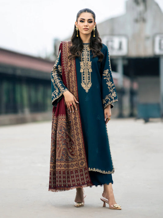 IZEL-3PC DHANAK EMBROIDERED SHIRT WITH COURTRAI PRINTED SHAWL & TROUSER-BIC-4226