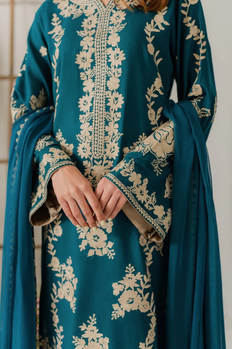 VINTAGE-3PC DHANAK EMBROIDERED SHIRT WITH BAMBER CHIFFON DUPATTA AND TROUSER-BIC-4245