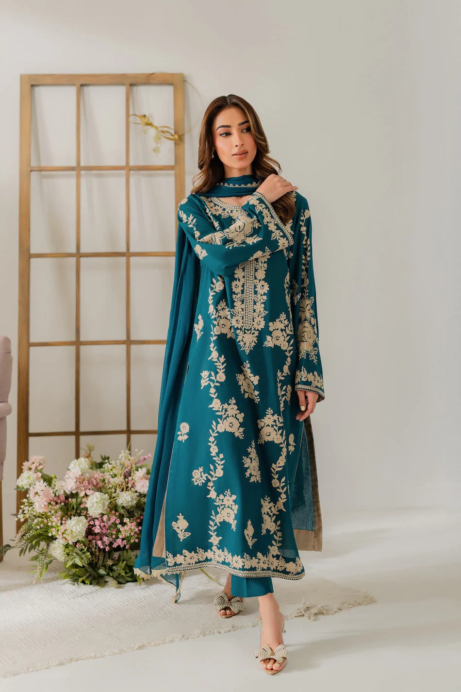 VINTAGE-3PC DHANAK EMBROIDERED SHIRT WITH BAMBER CHIFFON DUPATTA AND TROUSER-BIC-4245