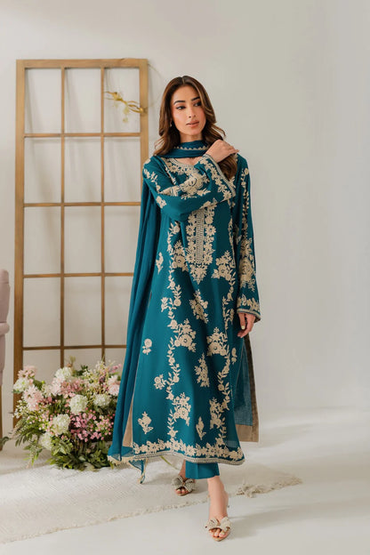 VINTAGE-3PC DHANAK EMBROIDERED SHIRT WITH BAMBER CHIFFON DUPATTA AND TROUSER-BIC-4245