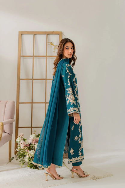 VINTAGE-3PC DHANAK EMBROIDERED SHIRT WITH BAMBER CHIFFON DUPATTA AND TROUSER-BIC-4245