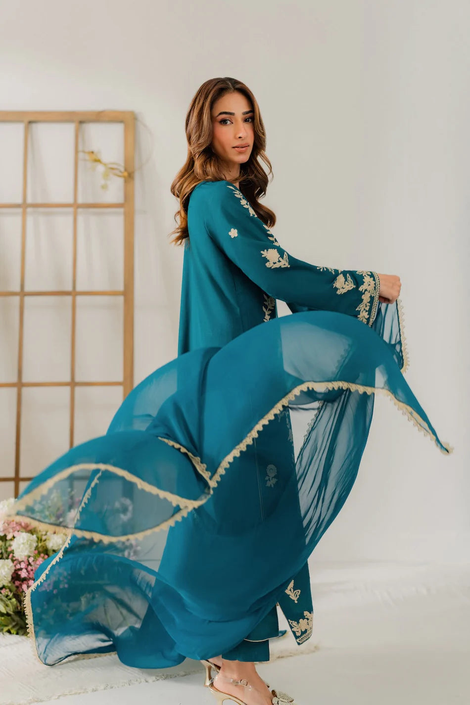 VINTAGE-3PC DHANAK EMBROIDERED SHIRT WITH BAMBER CHIFFON DUPATTA AND TROUSER-BIC-4245