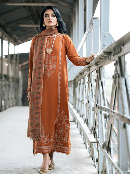 IZEL-3PC DHANAK EMBROIDERED SHIRT WITH COURTRAI PRINTED SHAWL AND TROUSER-BIC-4146