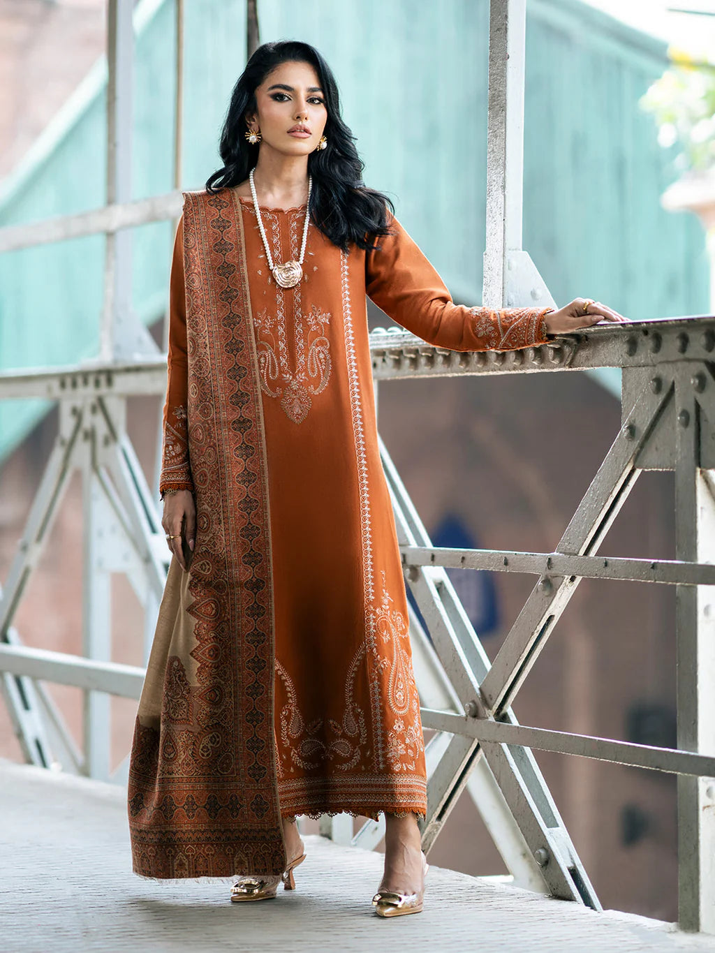 IZEL-3PC DHANAK EMBROIDERED SHIRT WITH COURTRAI PRINTED SHAWL AND TROUSER-BIC-4146