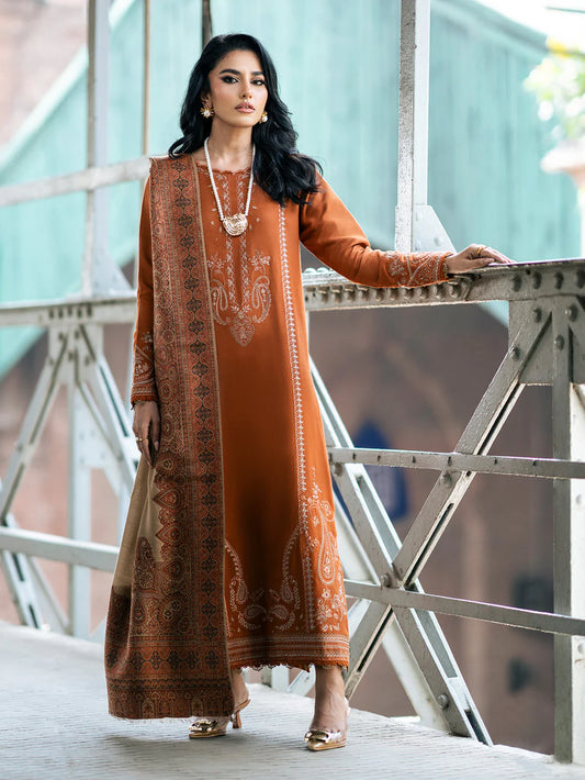 IZEL-3PC DHANAK EMBROIDERED SHIRT WITH COURTRAI PRINTED SHAWL AND TROUSER-BIC-4146