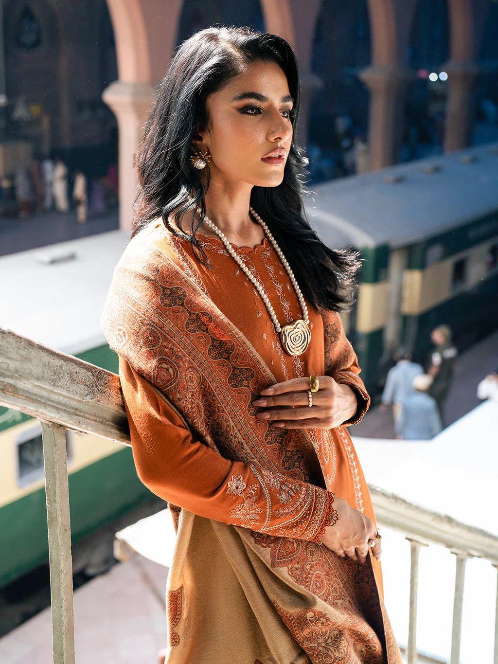 IZEL-3PC DHANAK EMBROIDERED SHIRT WITH COURTRAI PRINTED SHAWL AND TROUSER-BIC-4146