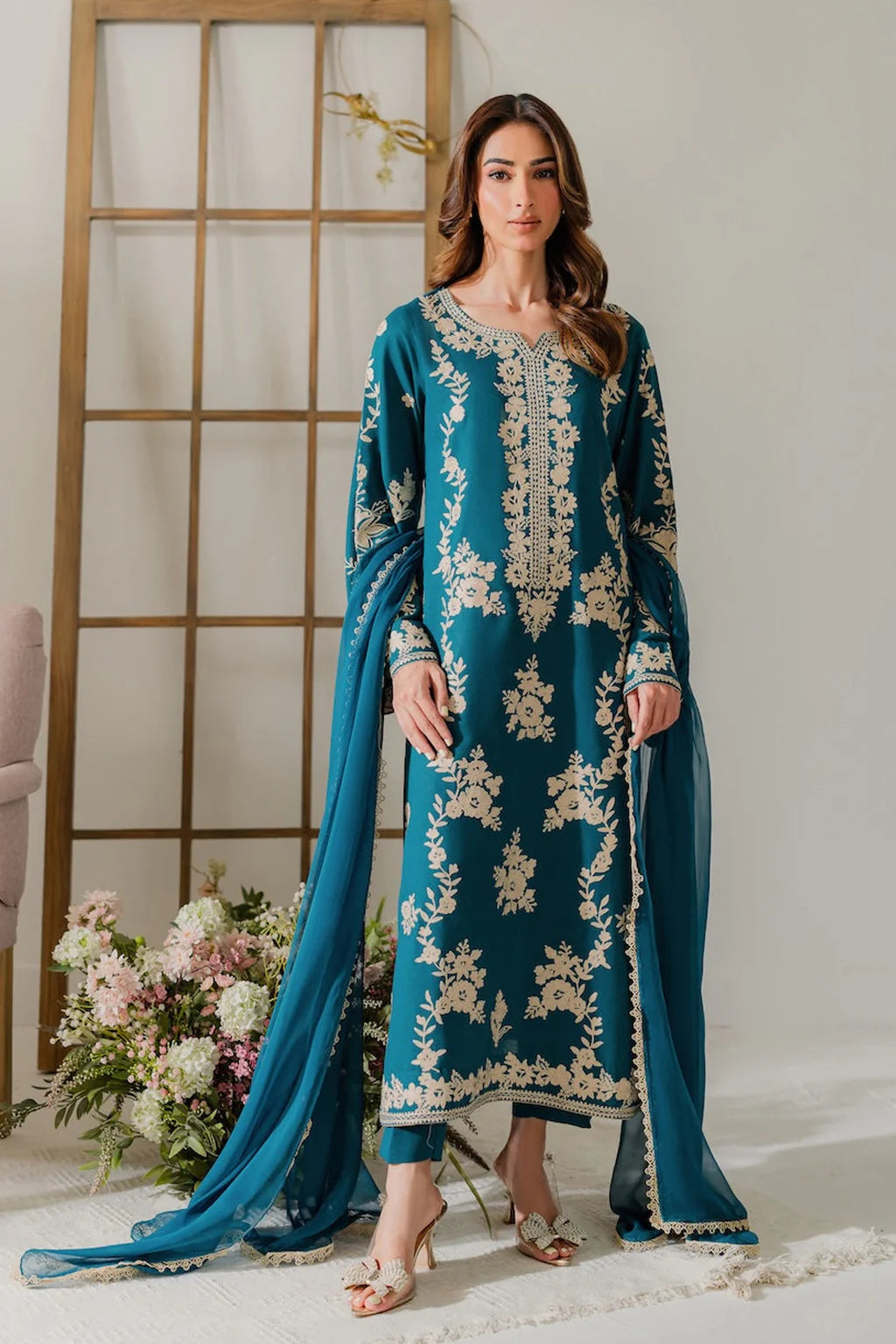 VINTAGE-3PC DHANAK EMBROIDERED SHIRT WITH BAMBER CHIFFON DUPATTA AND TROUSER-BIC-4245