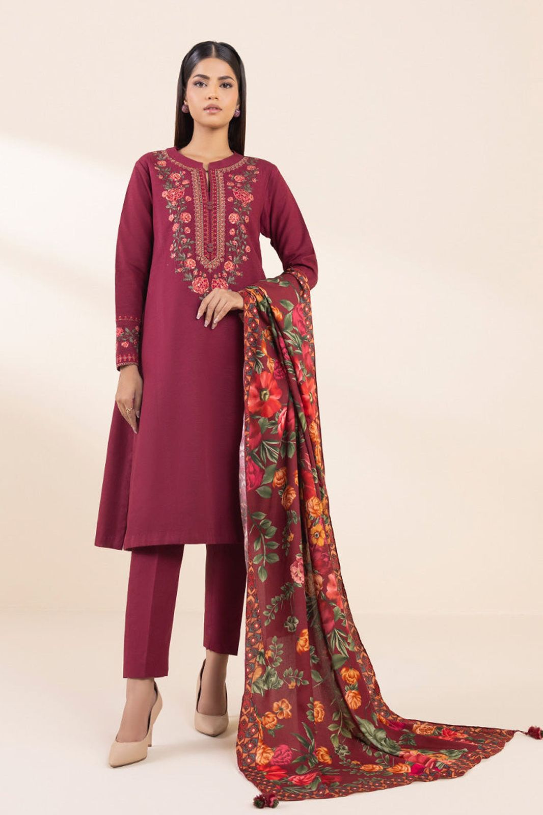 SAPPHIRE-3PC DHANAK EMBROIDERED SHIRT WITH COURTRAI PRINTED SHAWL AND TROUSER
